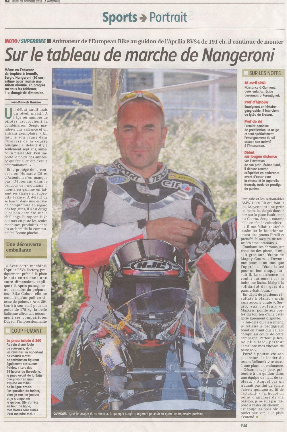 article paru dans la montagne du 31/10/2013 rubrique sport, nangeroni sur tableau de marche