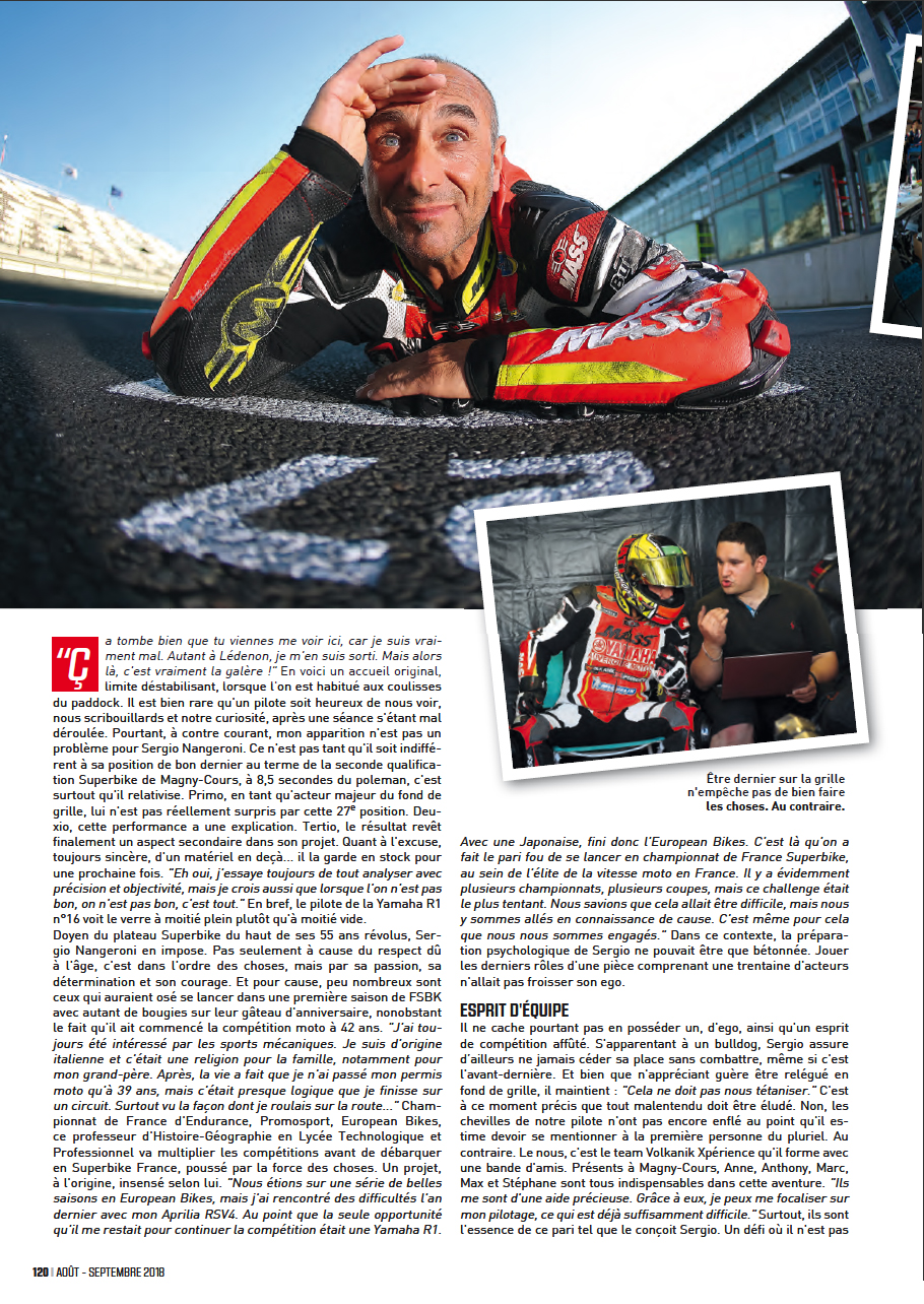 Troisieme page article sur sergio nangeroni du magazine sport bike SB113 aout/septembre 2018, elle est ou l'arrivée