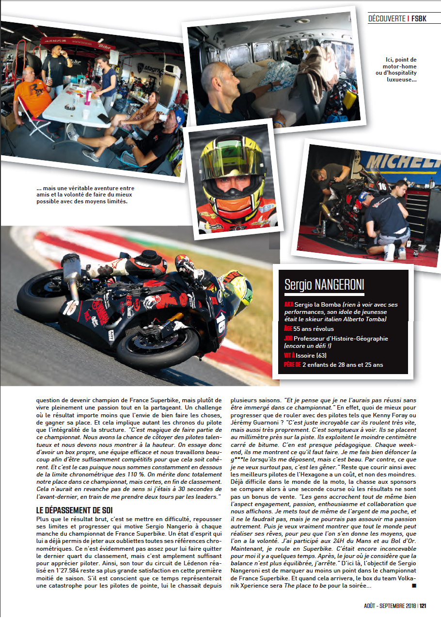 Quatrieme page article sur sergio nangeroni du magazine sport bike SB113 aout/septembre 2018